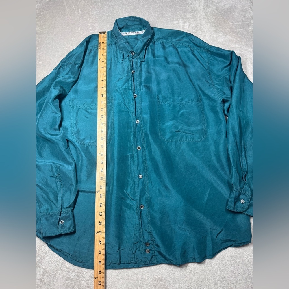 Men’s 100% Silk Nine Twenty East Lightweight Button Front Collared Teal Shirt  L - Picture 9 of 16